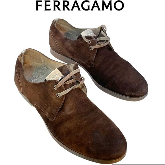 SALVATORE FERRAGAMO MENS DERBY SHOES 8 1/2 brown suede leather oxfords career - Picture 11 of 11